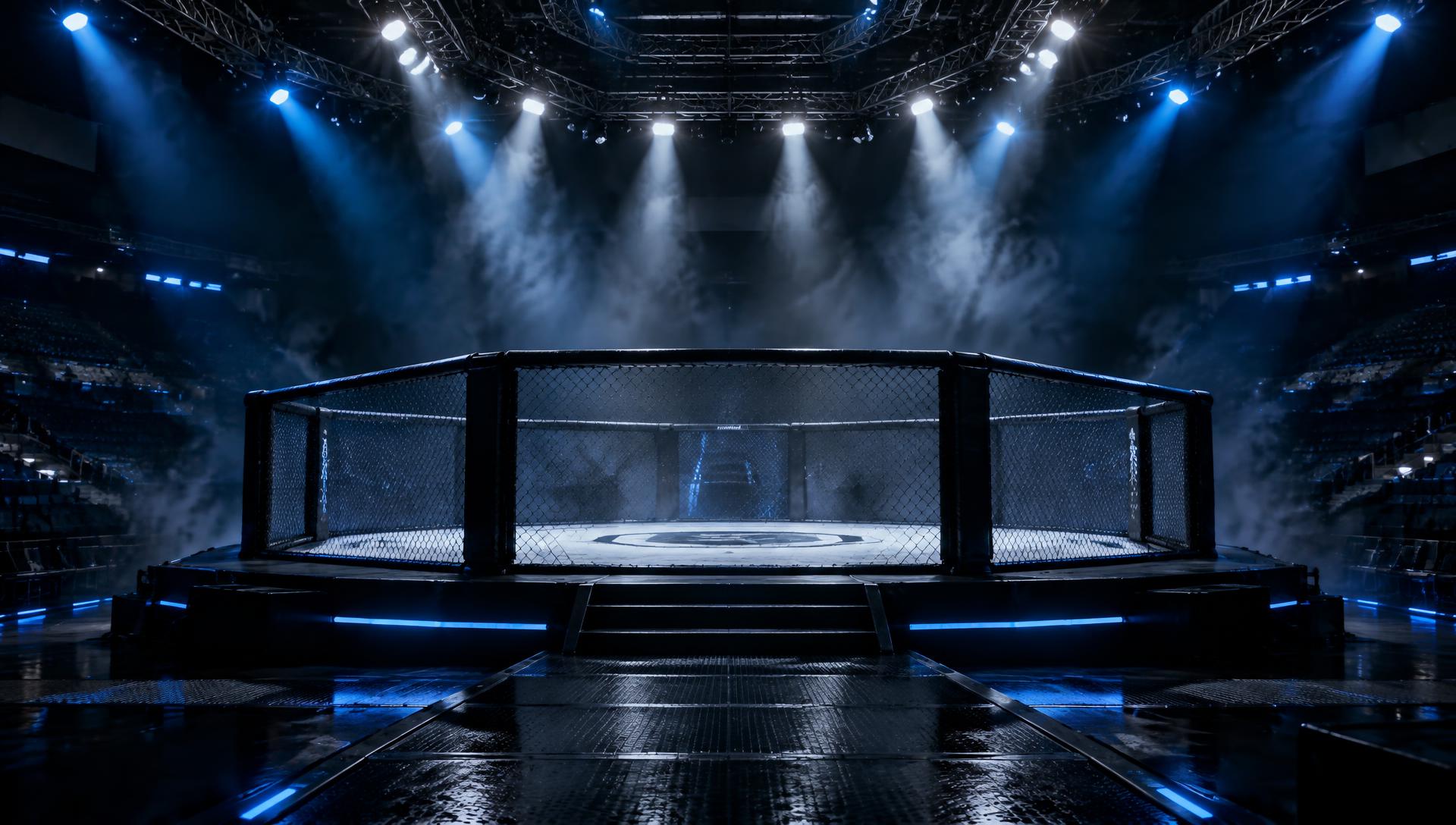 Dark combat sports arena with dramatic blue lighting